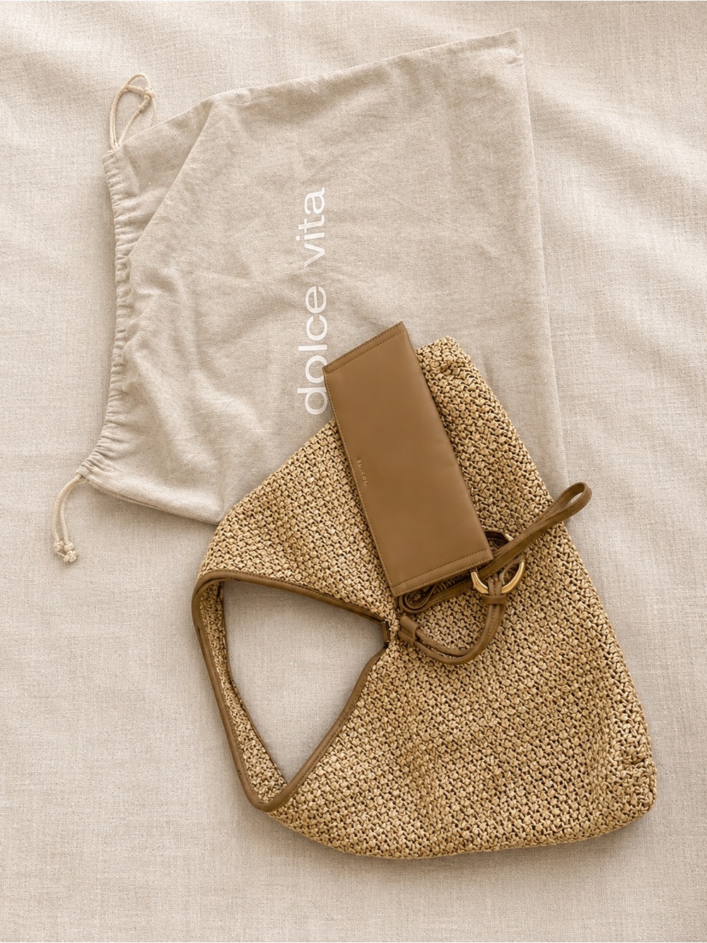 Dolce Vita Missie Natural Raffia Tote Bag with Pouch & Dust Bag